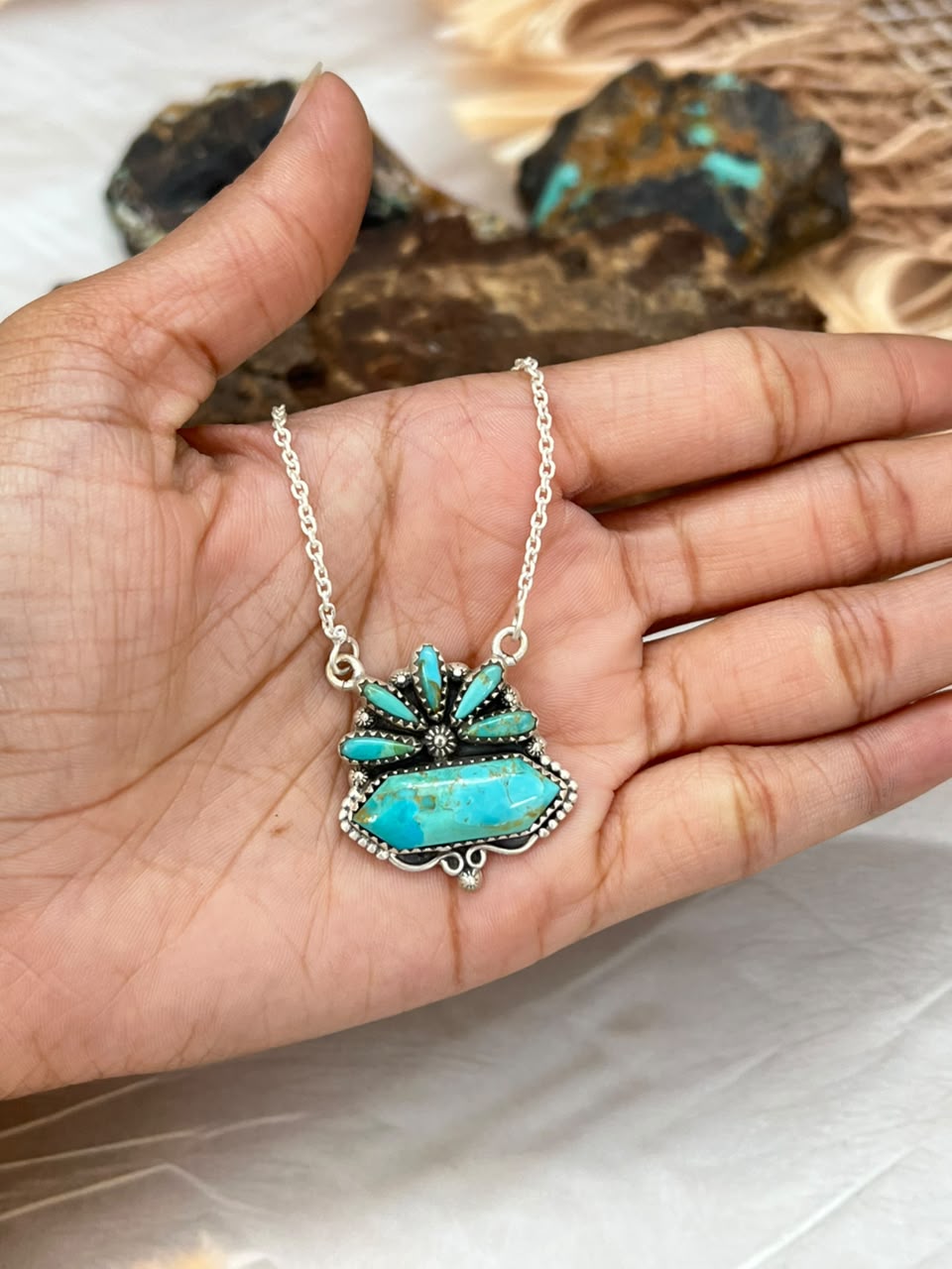 Handmade Sterling Silver Kingman Turquoise Necklace Signed Nizhoni