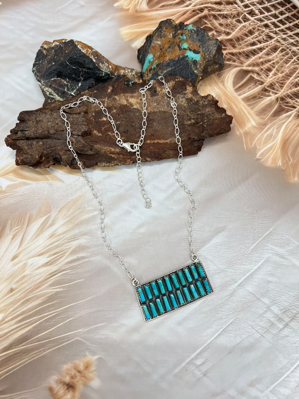 Handmade Sterling Silver Kingman Turquoise Bar Necklace Signed Nizhoni