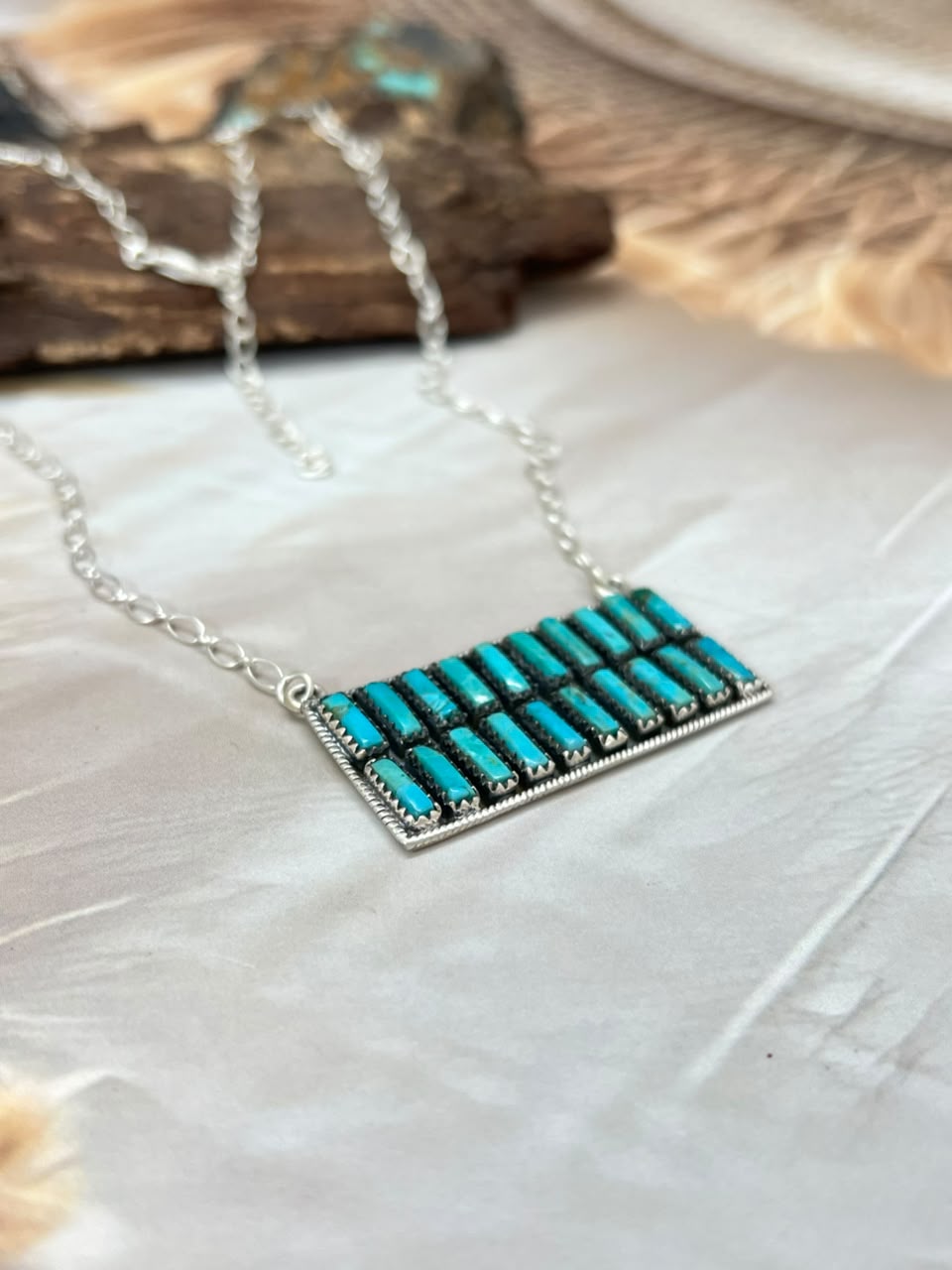 Handmade Sterling Silver Kingman Turquoise Bar Necklace Signed Nizhoni