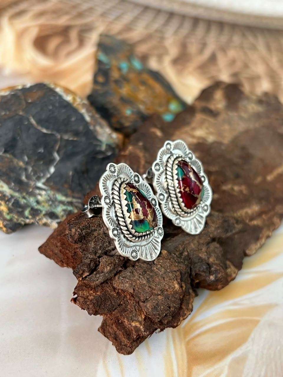 Handmade Sterling Silver Christmas Dahlia Collection: Post Studs Earrings Signed Nizhoni