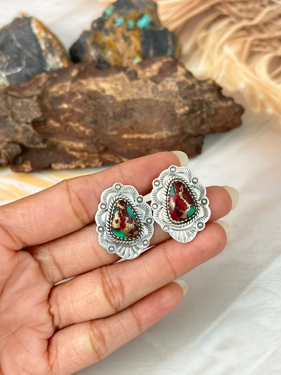 Handmade Sterling Silver Christmas Dahlia Collection: Post Studs Earrings Signed Nizhoni