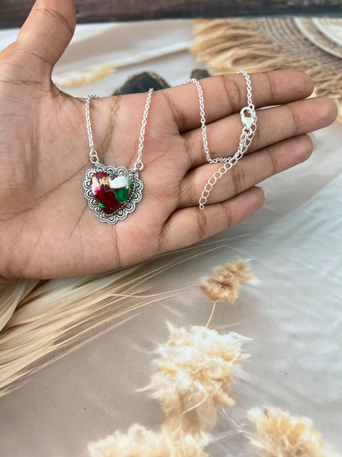 Handmade Sterling Silver Christmas Dahlia Collection: Heart Necklace Signed Nizhoni