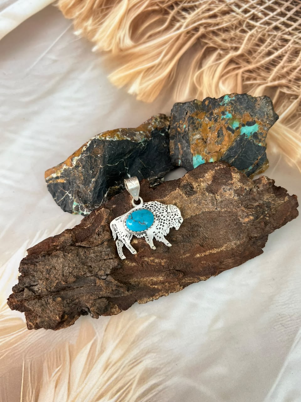 Handmade Sterling Silver Kingman Turquoise Bison Pendant Signed Nizhoni