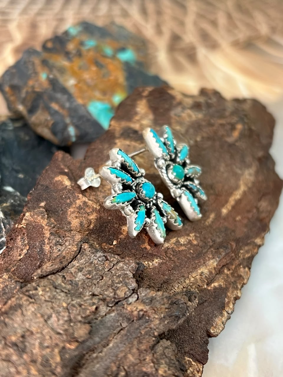 Handmade Sterling Silver Kingman Turquoise Post Studs Earrings Signed Nizhoni