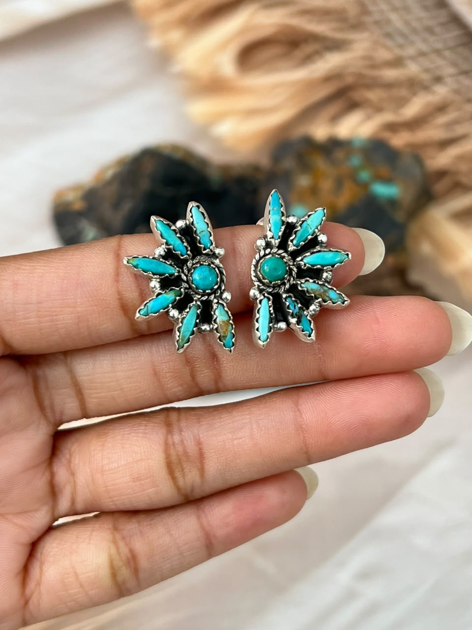 Handmade Sterling Silver Kingman Turquoise Post Studs Earrings Signed Nizhoni
