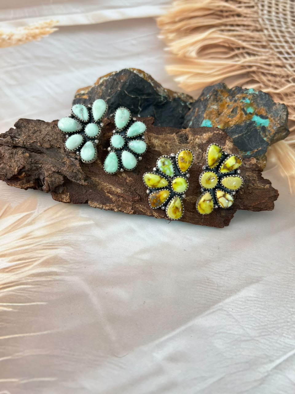 Handmade Sterling Silver Paloma and Palomino Turquoise Post Studs Earrings Signed Nizhoni