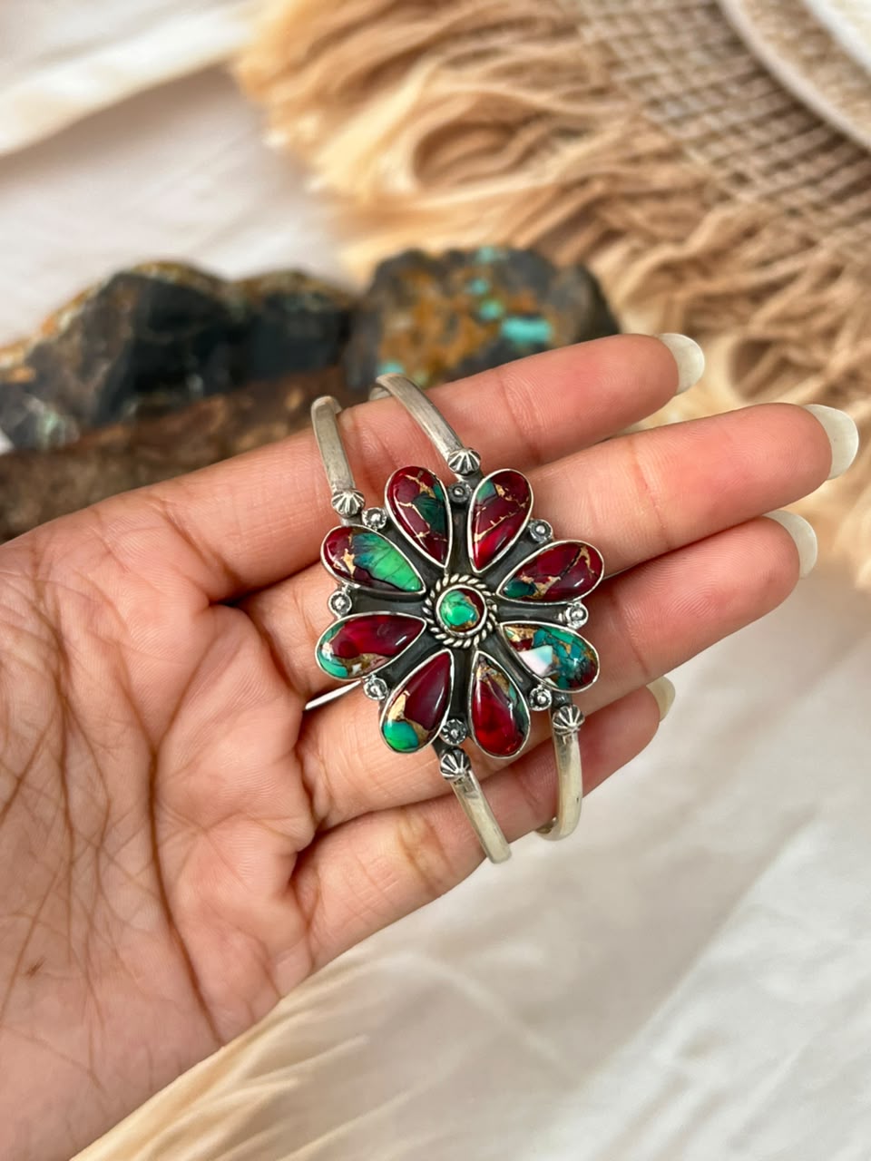 Handmade Sterling Silver Christmas Dahlia Collection: Cuff Bracelet Signed Nizhoni