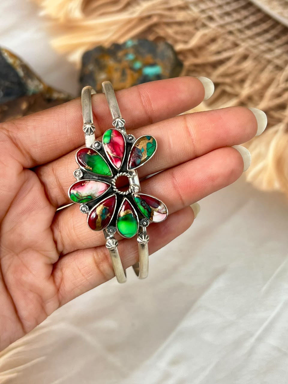 Handmade Sterling Silver Christmas Dahlia Collection: Naja Cuff Bracelet Signed Nizhoni