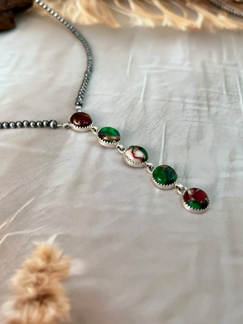 Handmade Sterling Silver Christmas Dahlia Collection: Beaded Necklace Signed Nizhoni