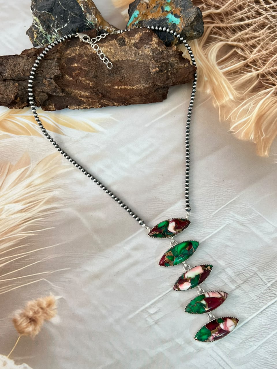 Handmade Sterling Silver Christmas Dahlia Collection: Beaded Necklace Signed Nizhoni