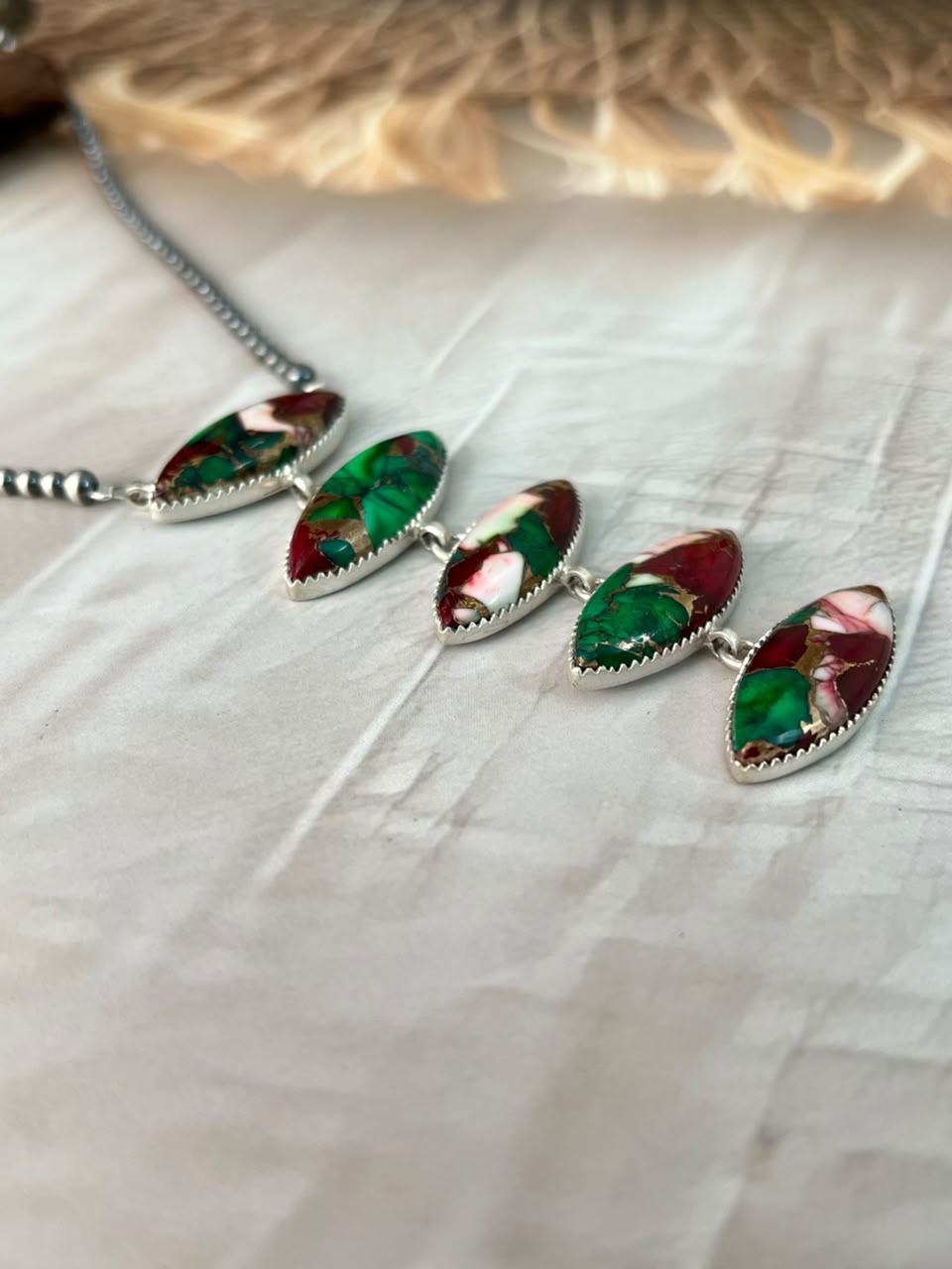 Handmade Sterling Silver Christmas Dahlia Collection: Beaded Necklace Signed Nizhoni
