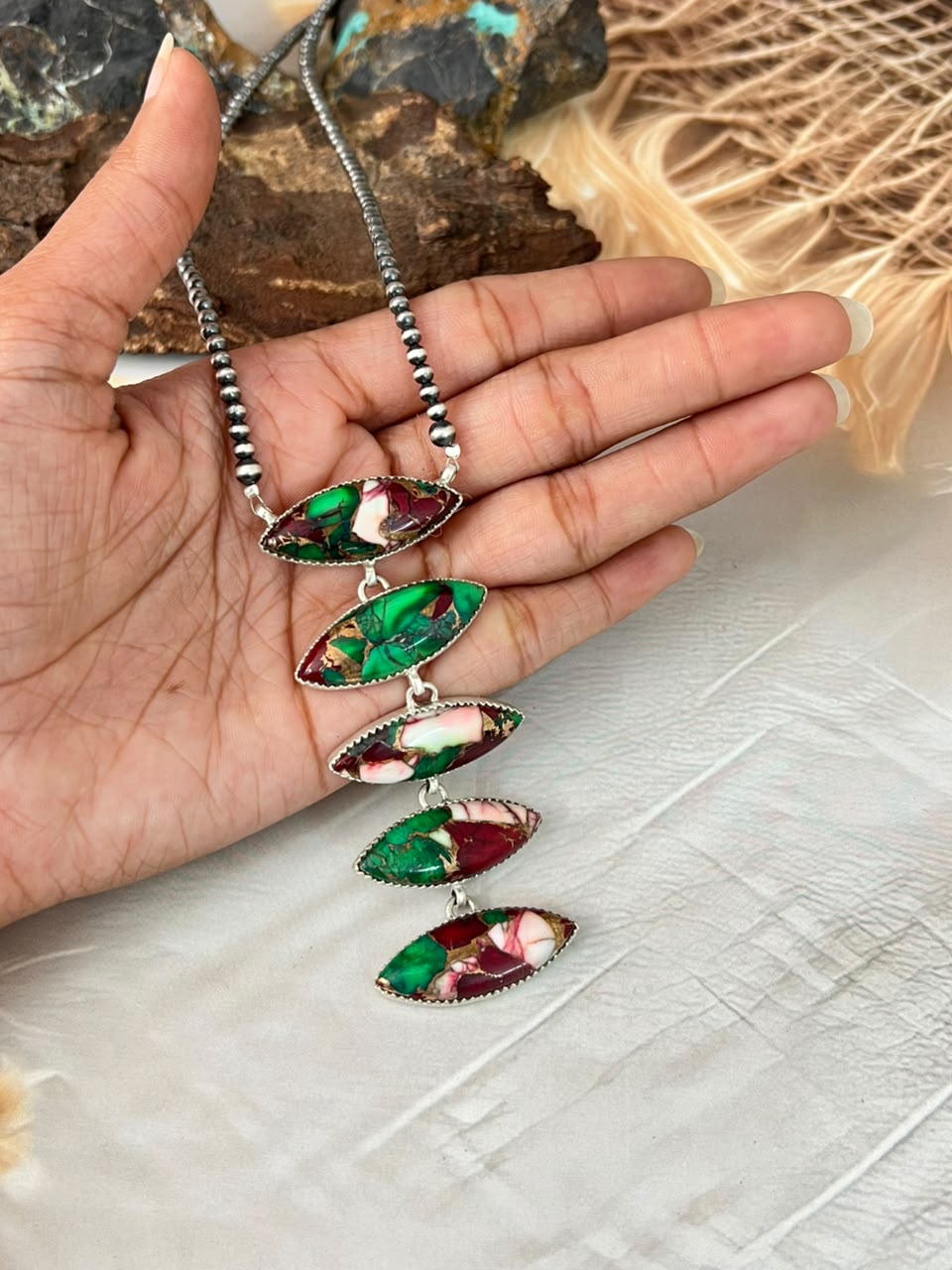 Handmade Sterling Silver Christmas Dahlia Collection: Beaded Necklace Signed Nizhoni