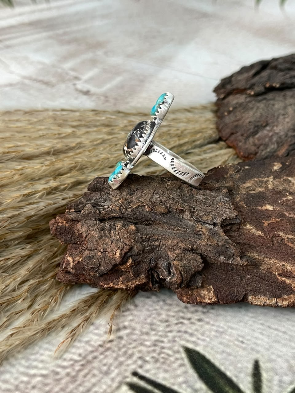 Handmade Sterling Silver Blackjack with Kingman Turquoise Adjustable Ring Signed Nizhoni