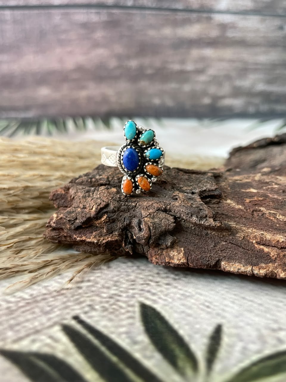 Handmade Sterling Silver Orange Mojave with Kingman Turquoise and Lapis Adjustable Ring Signed Nizhoni