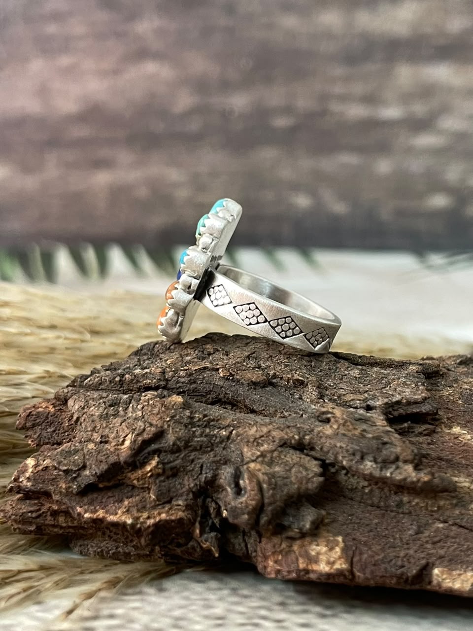 Handmade Sterling Silver Orange Mojave with Kingman Turquoise and Lapis Adjustable Ring Signed Nizhoni
