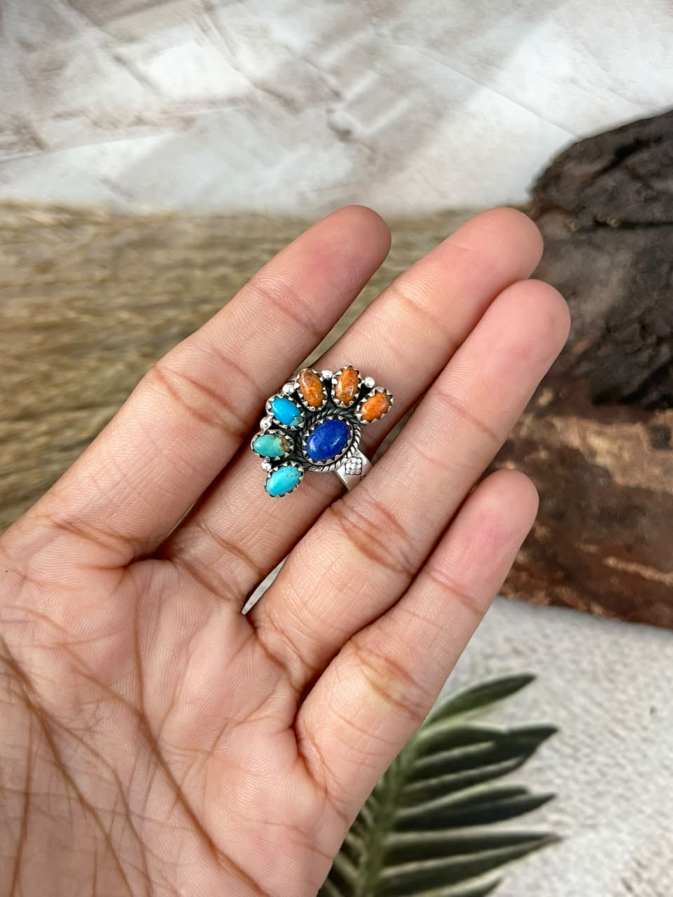 Handmade Sterling Silver Orange Mojave with Kingman Turquoise and Lapis Adjustable Ring Signed Nizhoni