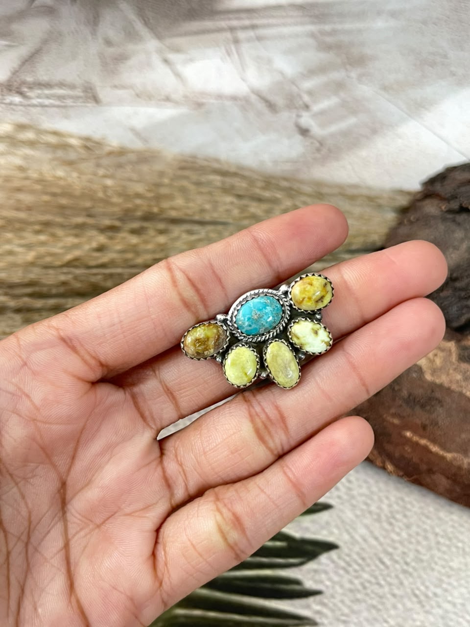 Handmade Sterling Silver White Water with Palomino Turquoise Adjustable Ring Signed Nizhoni (2)