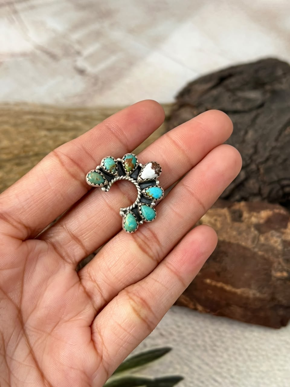 Handmade Sterling Silver Wildhorse Magnesite with Kingman Turquoise Adjustable Ring Signed Nizhoni