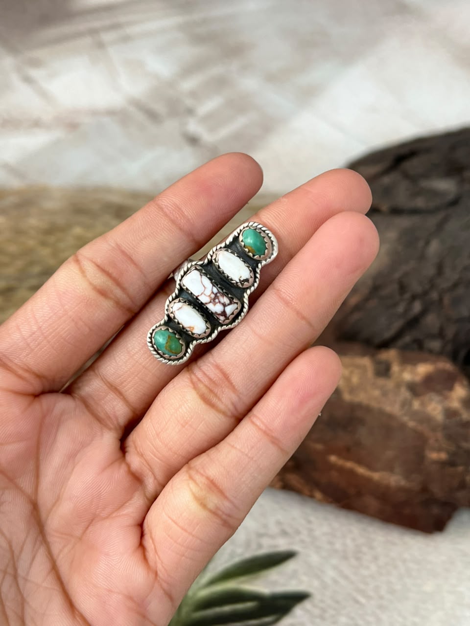 Handmade Sterling Silver Wildhorse Magnesite with Kingman Turquoise Adjustable Ring Signed Nizhoni