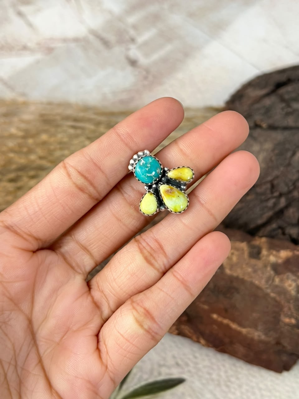 Handmade Sterling Silver White Water with Palomino Turquoise Adjustable Ring Signed Nizhoni (1)