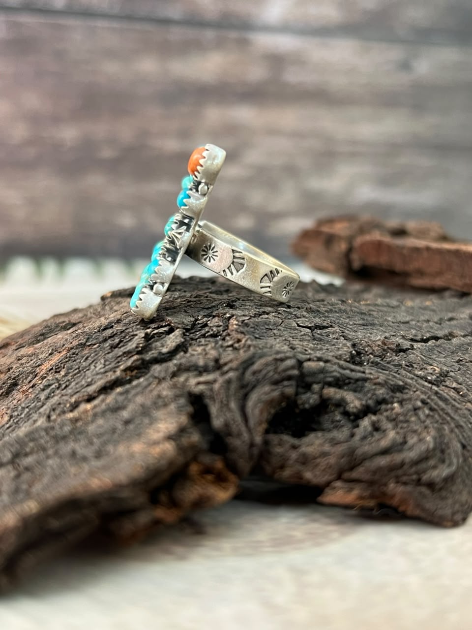 Handmade Sterling Silver Orange Mojave with Kingman Turquoise Adjustable Ring Signed Nizhoni
