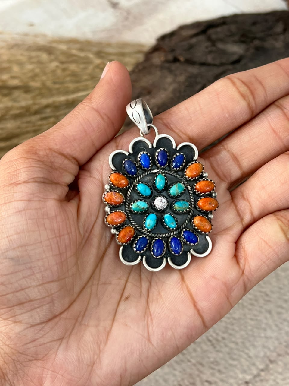 Handmade Sterling Silver Orange Mojave with Kingman Turquoise, Lapis and Wildhorse Magnesite Pendant Signed Nizhoni