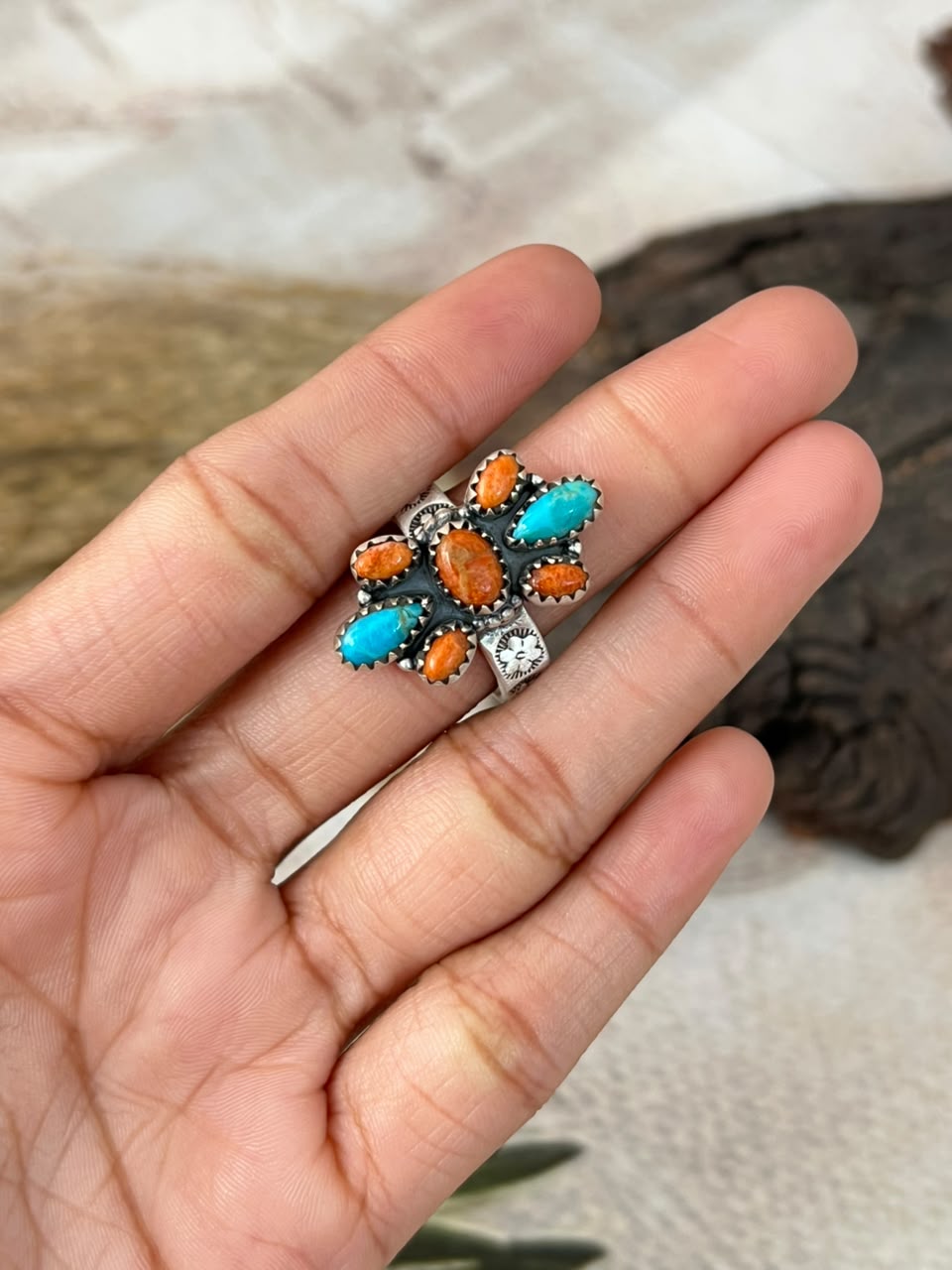 Handmade Sterling Silver Orange Mojave with Kingman Turquoise Adjustable Ring Signed Nizhoni