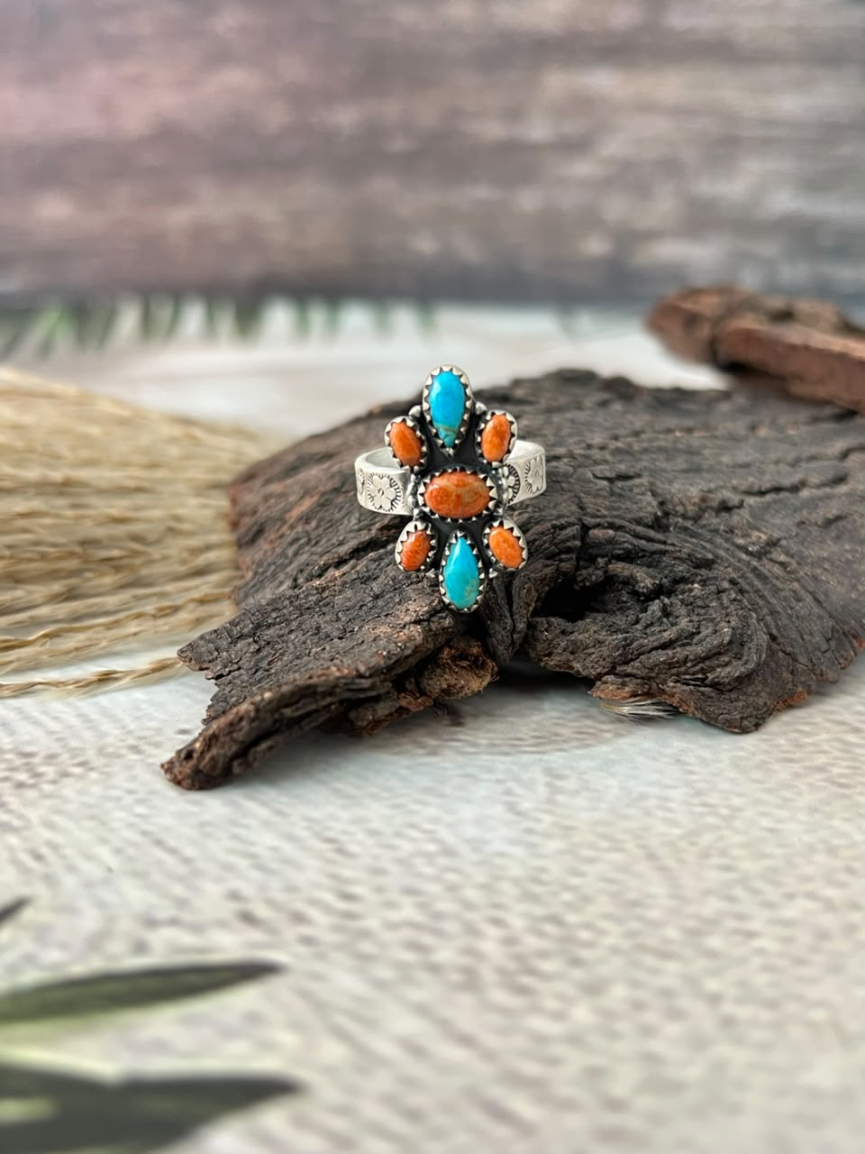 Handmade Sterling Silver Orange Mojave with Kingman Turquoise Adjustable Ring Signed Nizhoni
