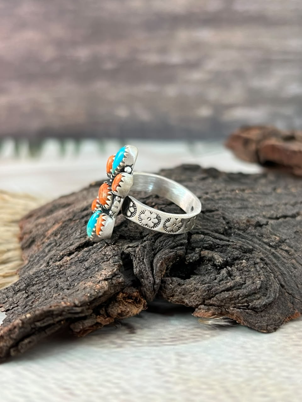 Handmade Sterling Silver Orange Mojave with Kingman Turquoise Adjustable Ring Signed Nizhoni