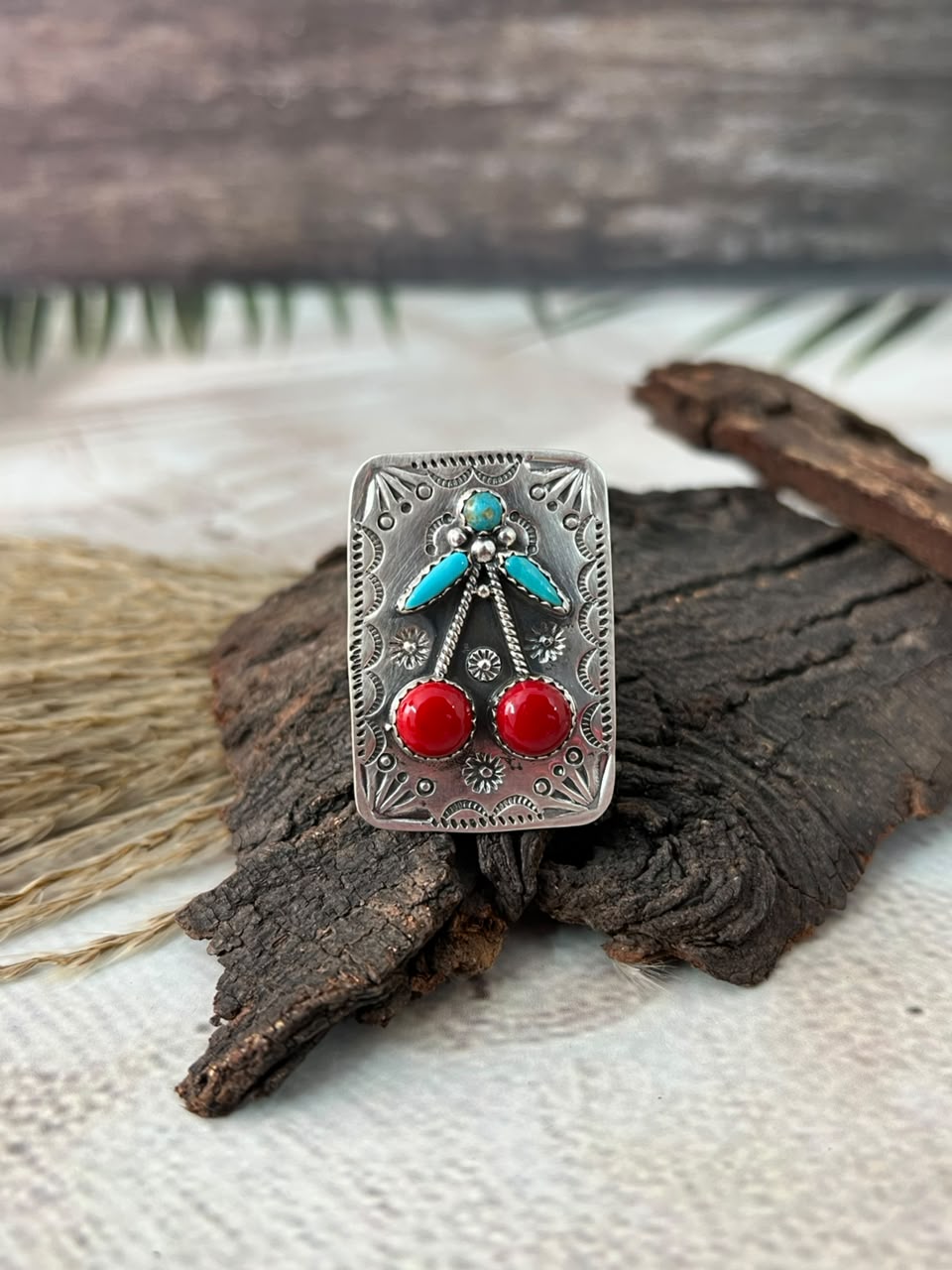 Handmade Sterling Silver Rosarita with Kingman Turquoise Cherry Adjustable Ring Signed Nizhoni