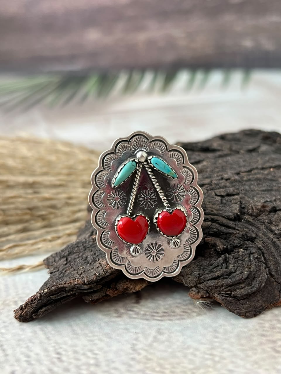 Handmade Sterling Silver Rosarita with Kingman Turquoise Cherry Adjustable Ring Signed Nizhoni