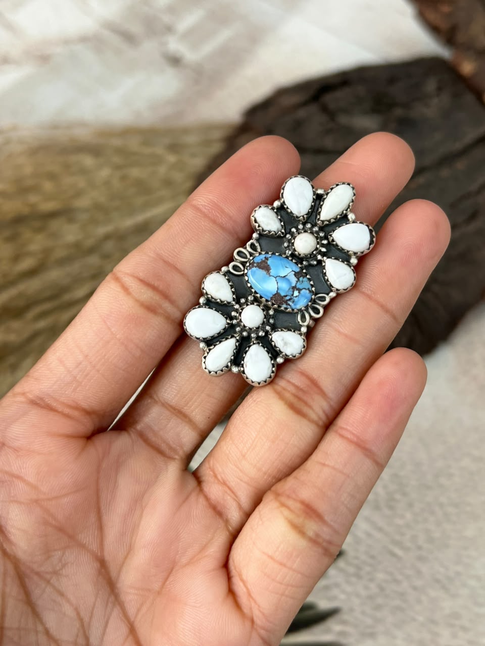 Handmade Sterling Silver Golden Hills with White Buffalo Adjustable Ring Signed Nizhoni