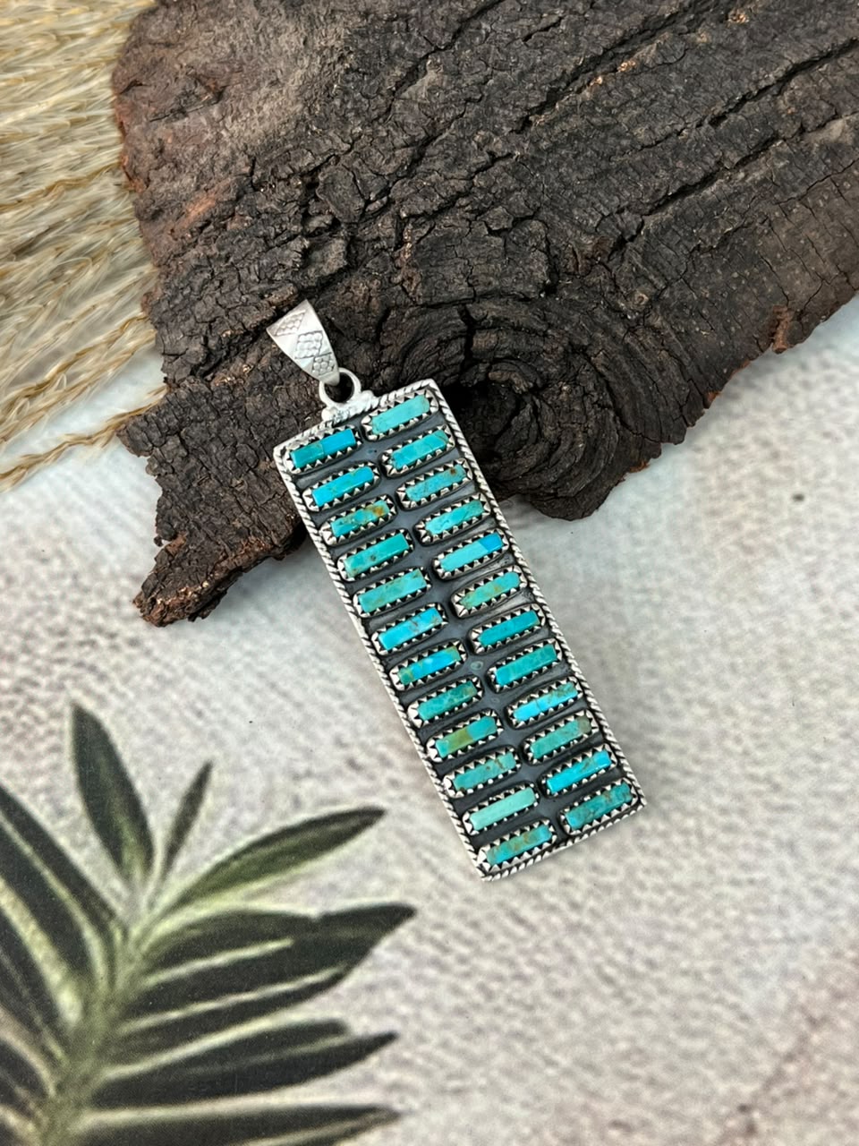 Handmade Sterling Silver Kingman Turquoise Bar Pendant Signed Nizhoni