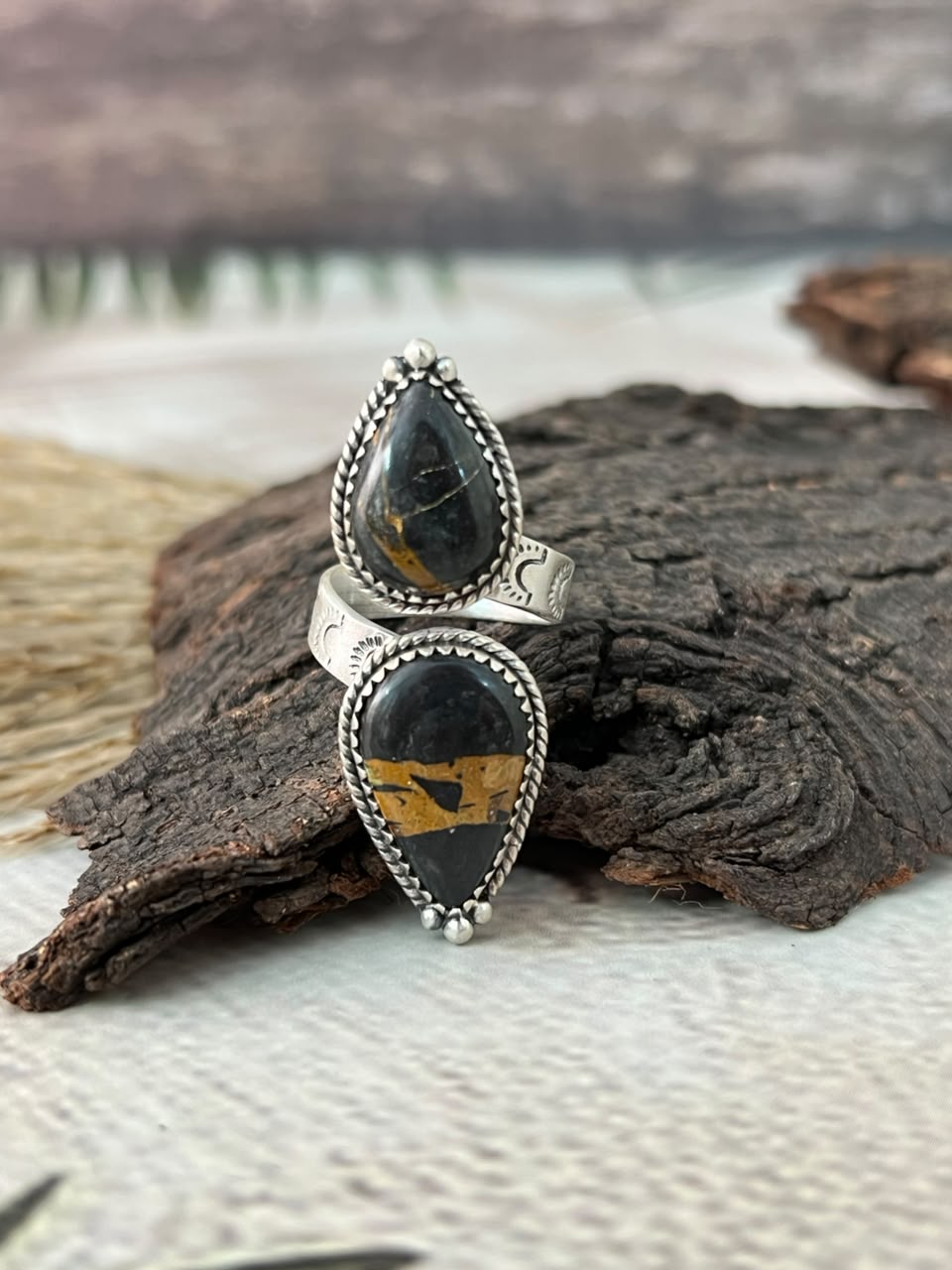 Handmade Sterling Silver Blackjack Turquoise Adjustable Ring Signed Nizhoni (7)