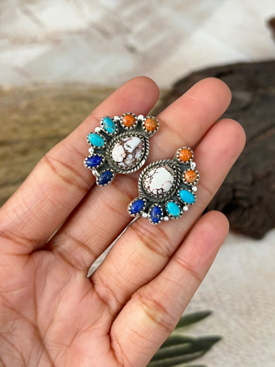 Handmade Sterling Silver Kingman Turquoise with Lapis, Orange Mojave and Wildhorse Magnesite Adjustable Ring Signed Nizhoni