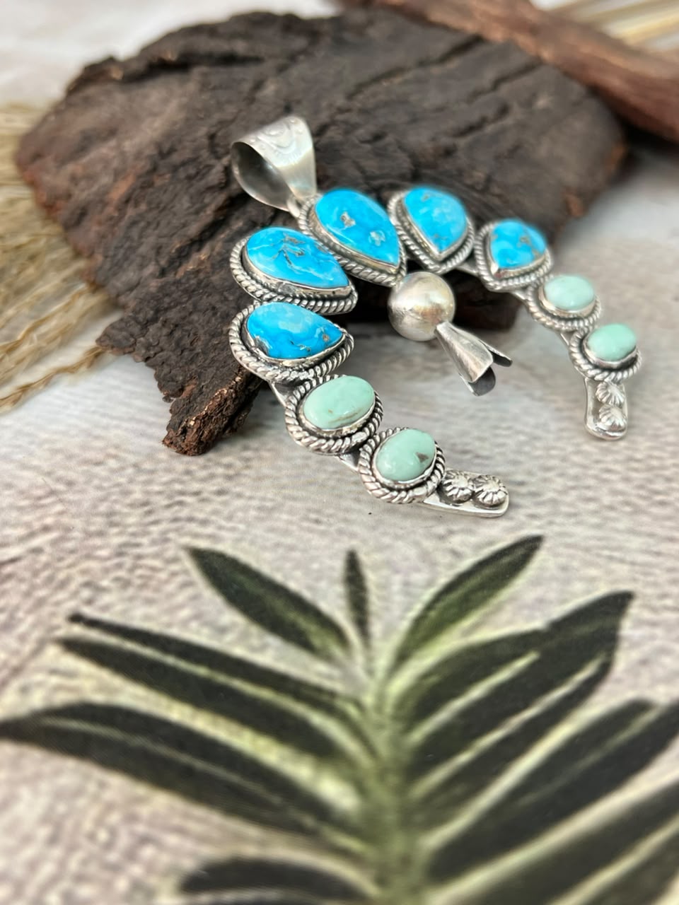 Handmade Sterling Silver Paloma with White Water Turquoise Naja Squash Blossom Pendant Signed Nizhoni