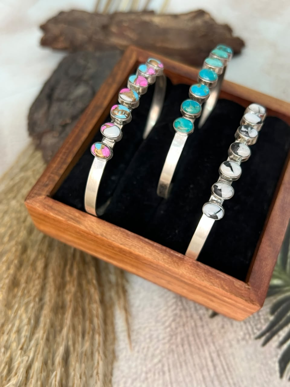 Handmade Sterling Silver Cotton Candy, Kingman Turquoise and White Buffalo Cuff Bracelet Signed Nizhoni