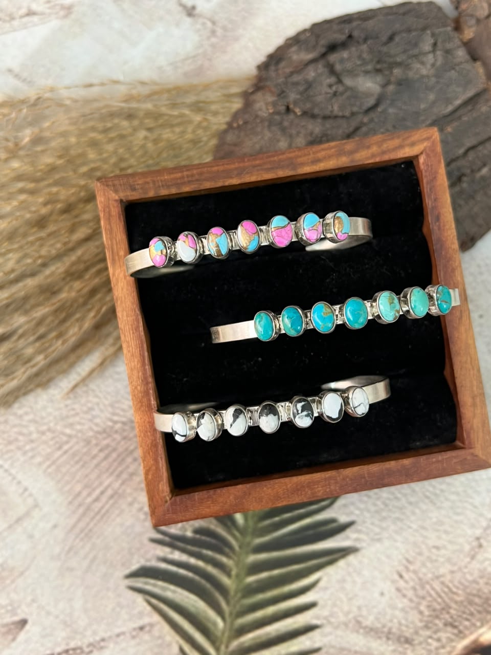 Handmade Sterling Silver Cotton Candy, Kingman Turquoise and White Buffalo Cuff Bracelet Signed Nizhoni