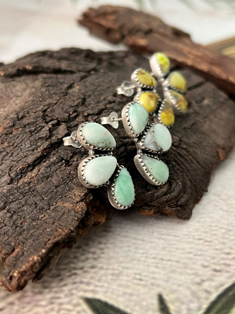 Handmade Sterling Silver Paloma and Palomino Turquoise Post Studs Earrings Signed Nizhoni
