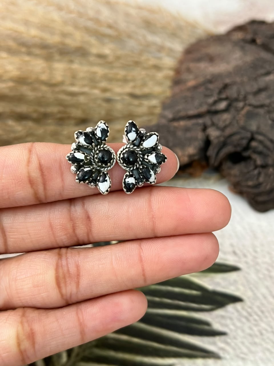 Handmade Sterling Silver White Buffalo Post Studs Earrings Signed Nizhoni