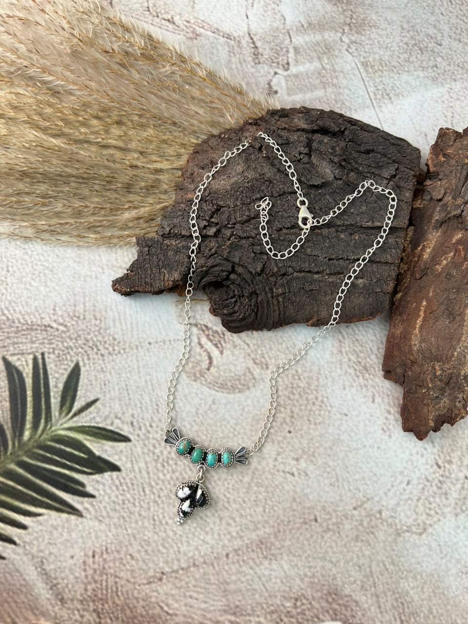 Handmade Sterling Silver White Buffalo with Kingman Turquoise Necklace Signed Nizhoni