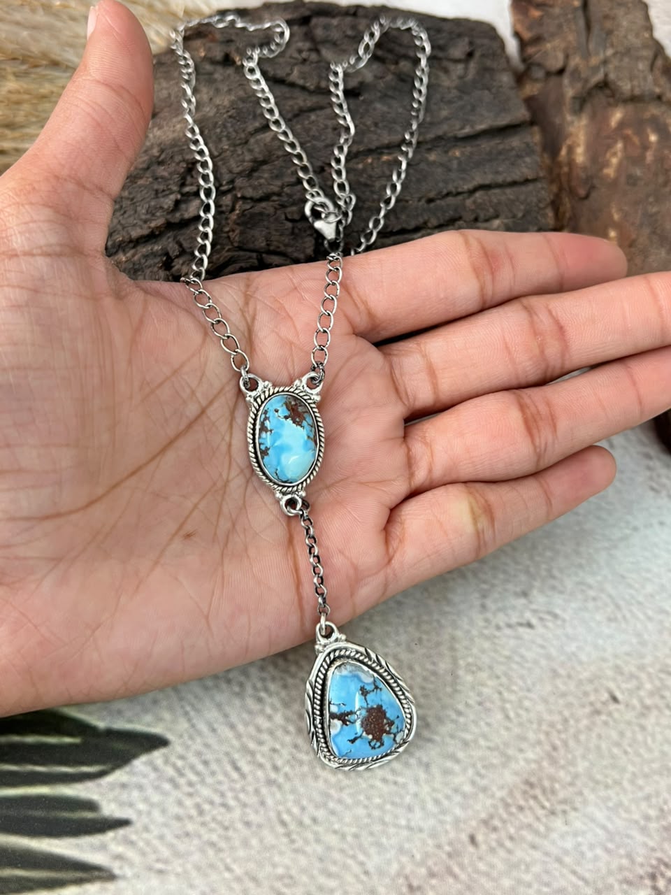 Handmade Sterling Silver Golden Hills Turquoise Drop Necklace Signed Nizhoni