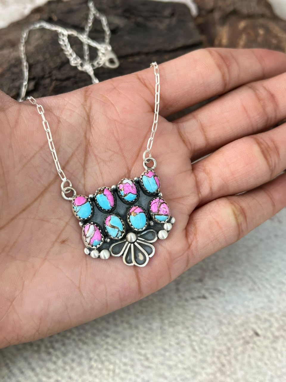Handmade Sterling Silver Cotton Candy Necklace Signed Nizhoni