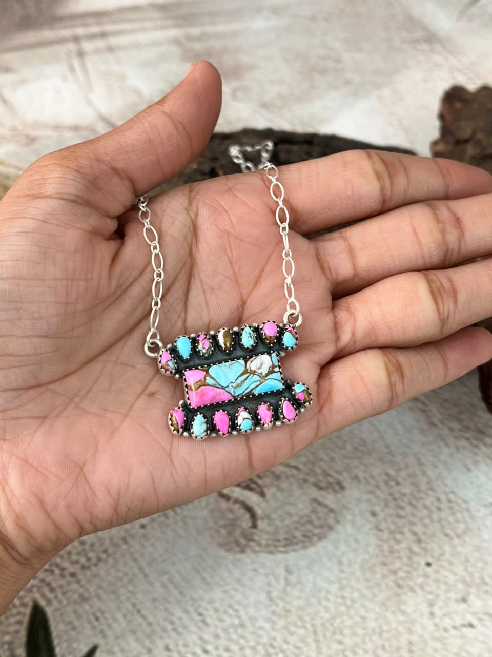 Handmade Sterling Silver Cotton Candy Necklace Signed Nizhoni