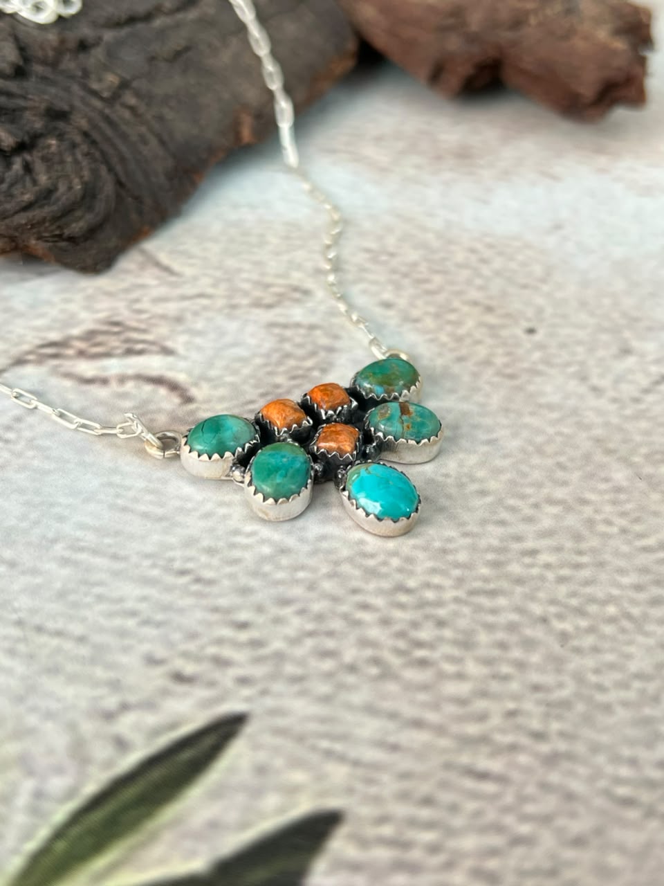 Handmade Sterling Silver Orange Mojave with Kingman Turquoise Necklace Signed Nizhoni
