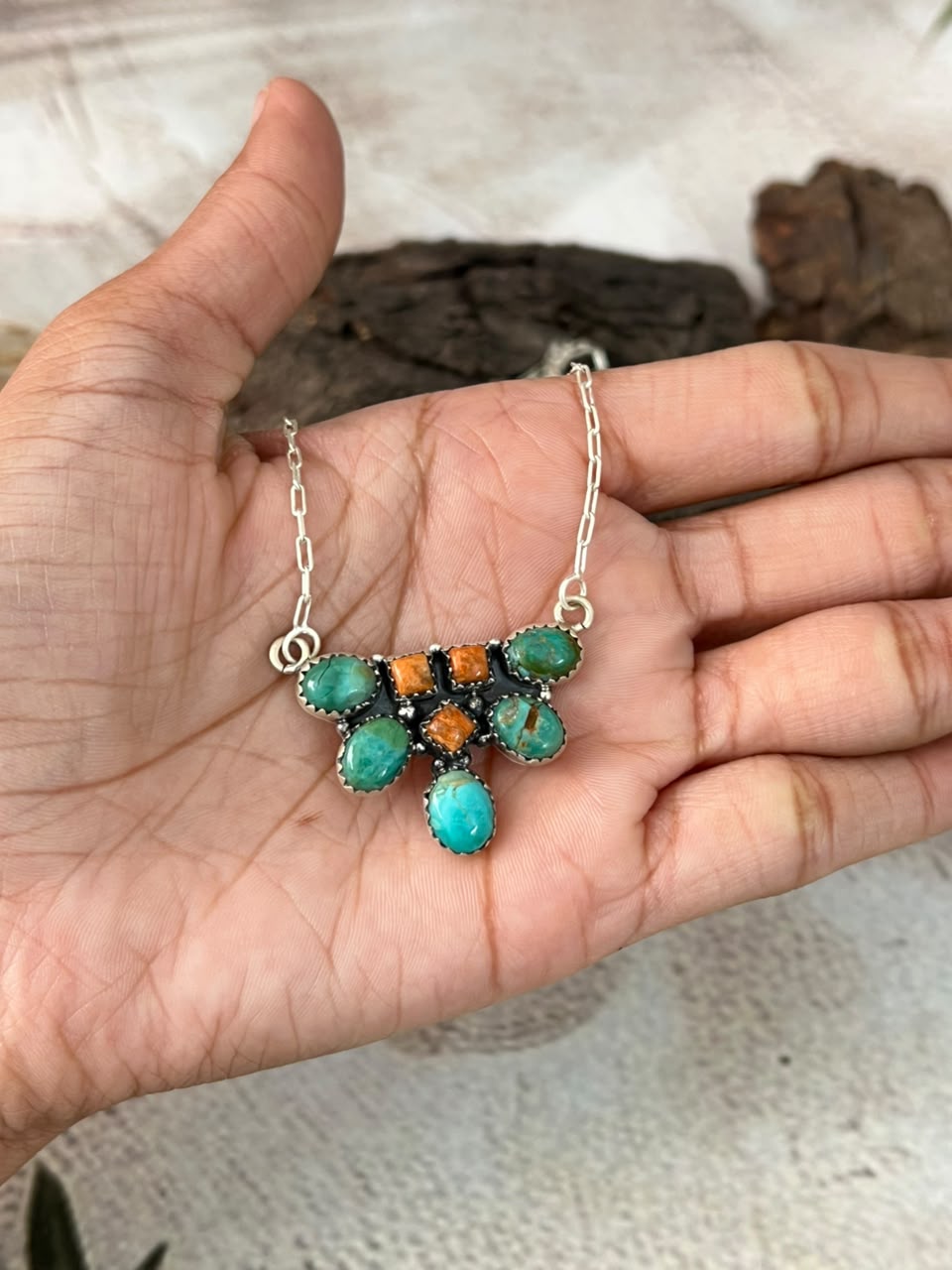Handmade Sterling Silver Orange Mojave with Kingman Turquoise Necklace Signed Nizhoni