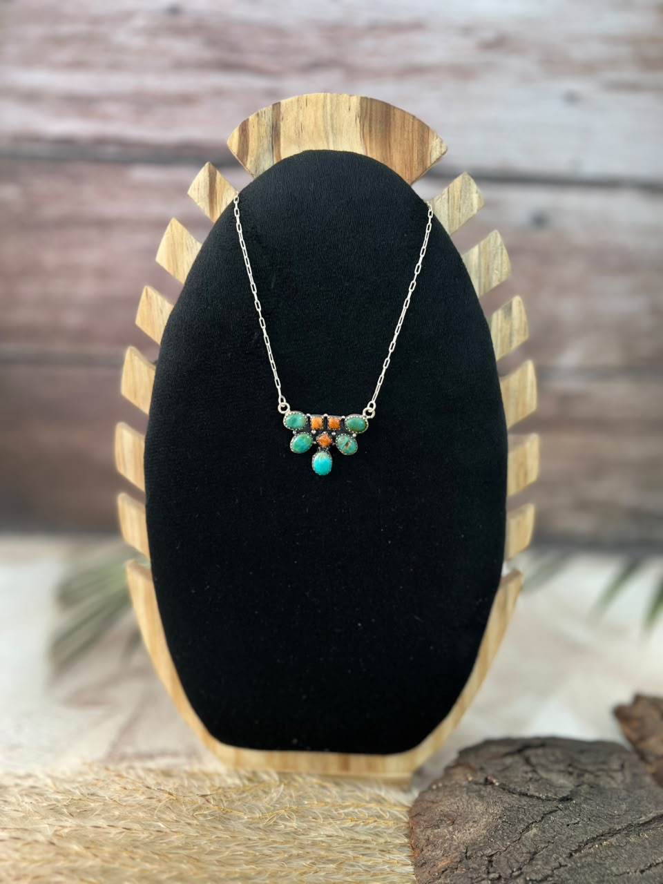 Handmade Sterling Silver Orange Mojave with Kingman Turquoise Necklace Signed Nizhoni