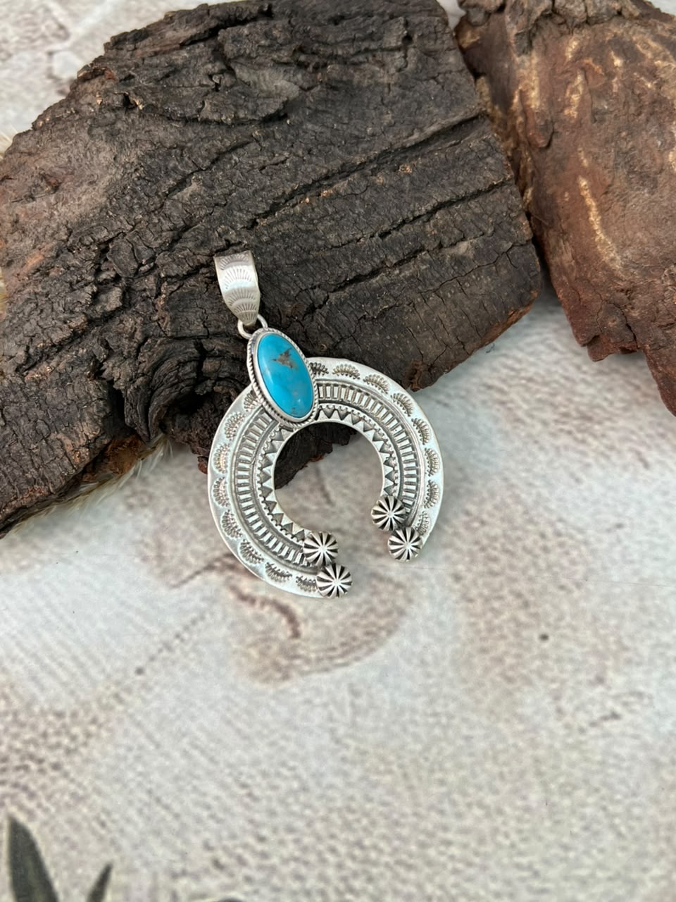 Handmade Sterling Silver Kingman Turquoise Naja Pendant Signed Nizhoni