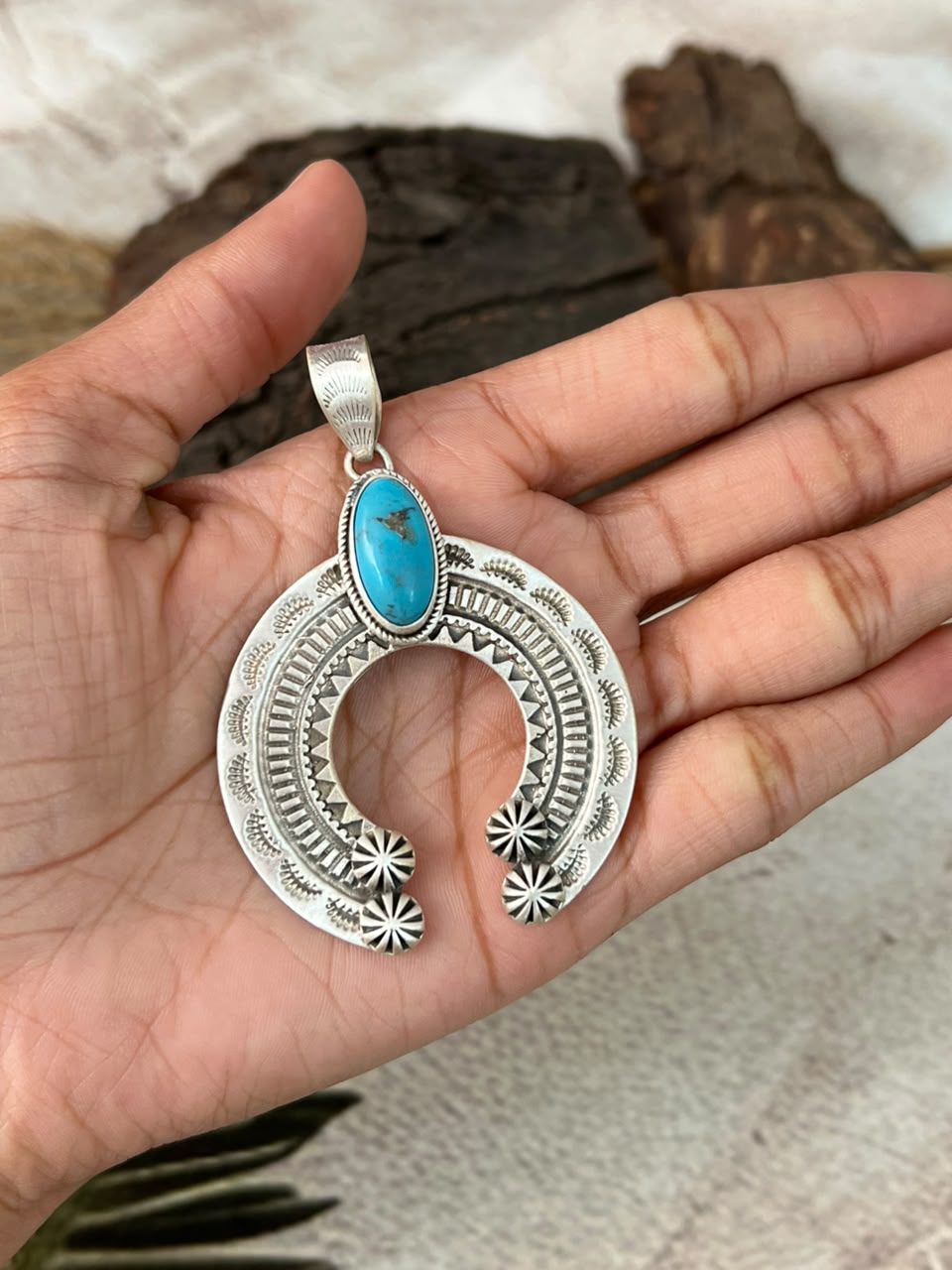 Handmade Sterling Silver Kingman Turquoise Naja Pendant Signed Nizhoni