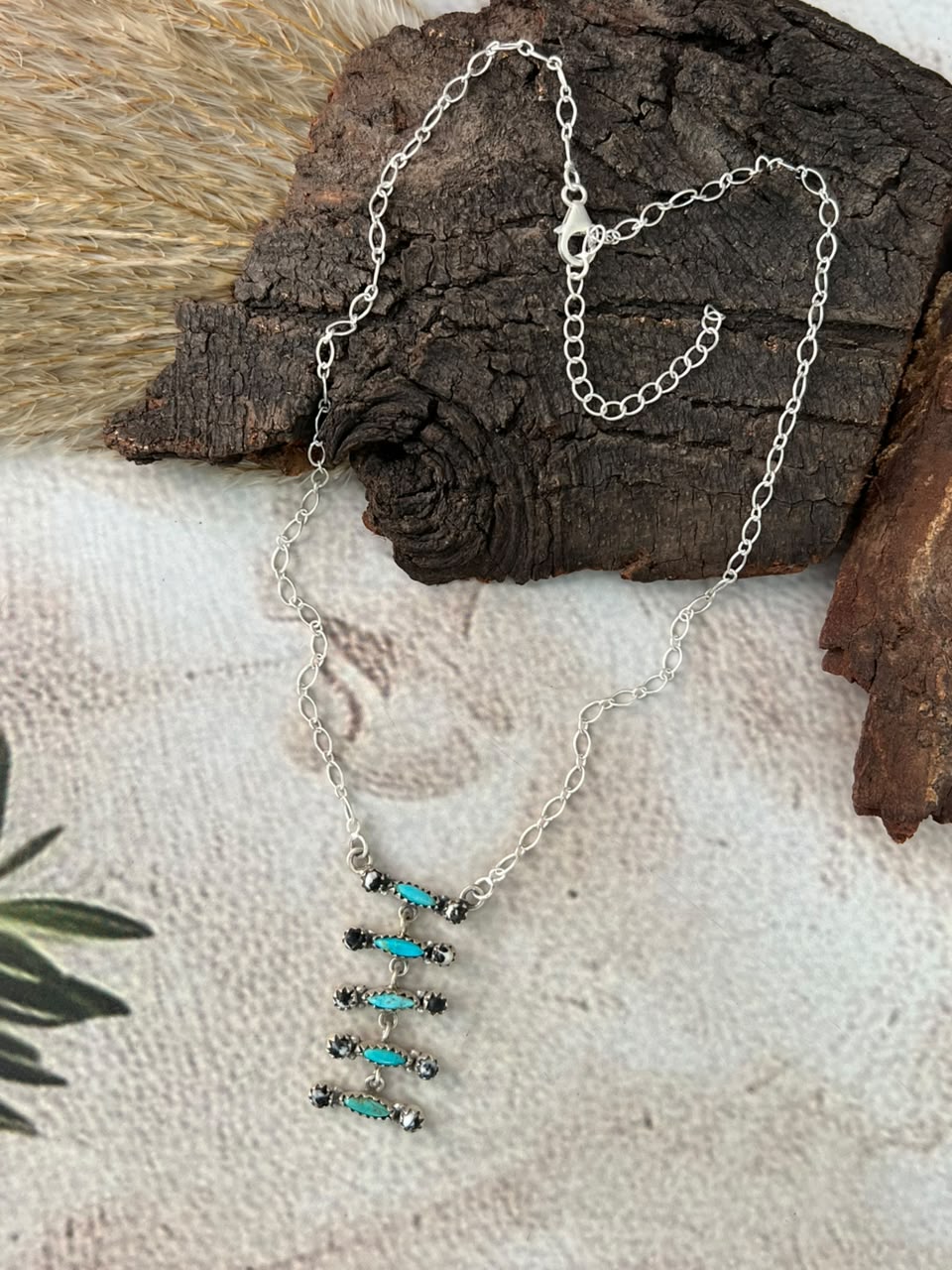 Handmade Sterling Silver White Buffalo with Kingman Turquoise Necklace Signed Nizhoni